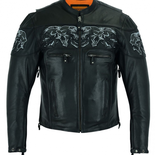 Mens Leather Concealed Carry Racing Jacket W/ Reflective Skulls